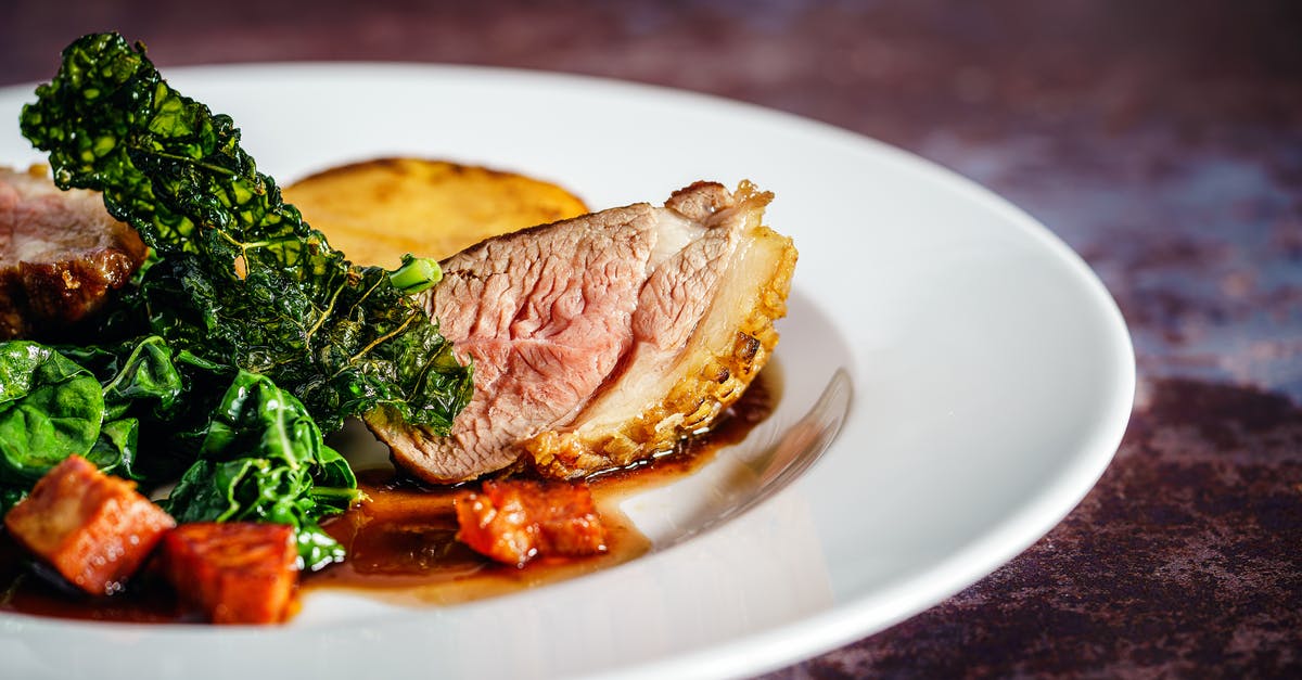 Duck breast; Trouble crisping skin - Cooked Meat on White Ceramic Plate