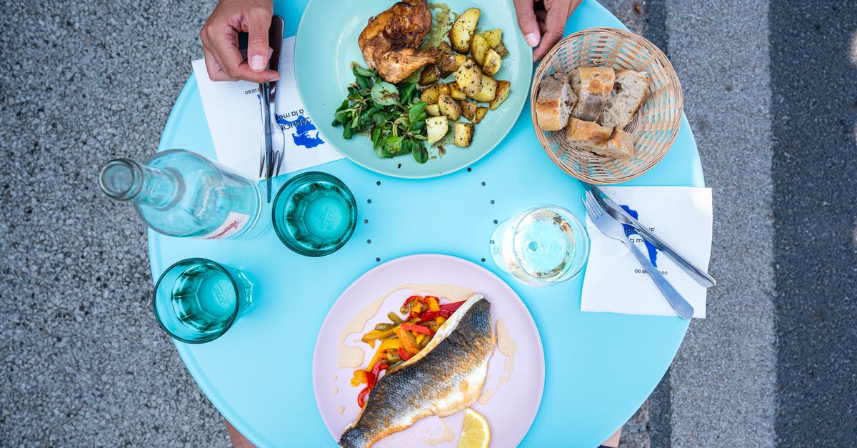 Easiest way to bread chicken for frying? - Top view of crop anonymous people sitting at table with yummy food and glasses while having lunch in street cafe in daytime