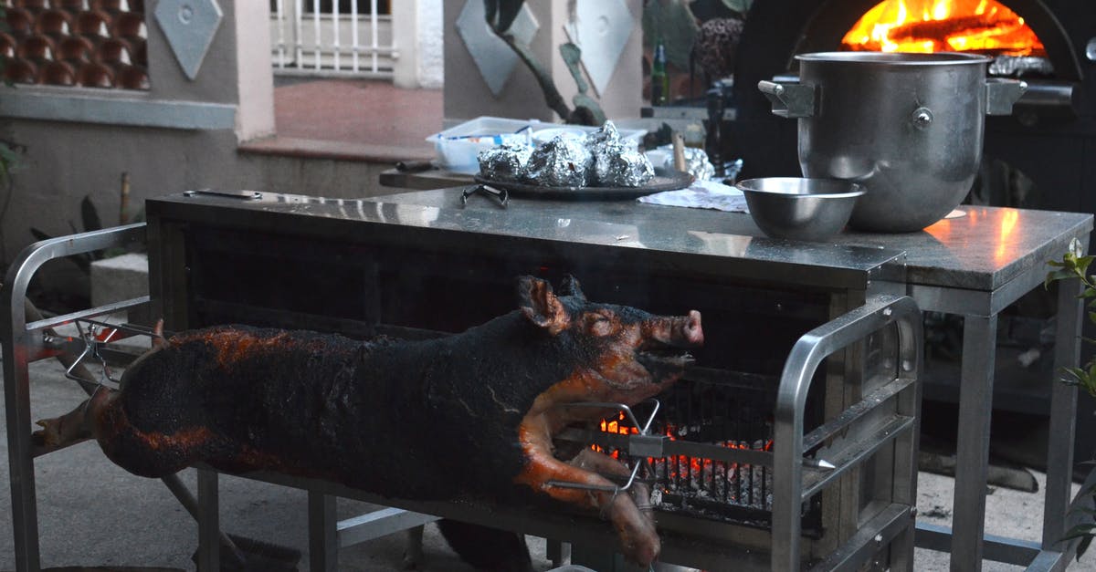 Effect of metal colander on jerky meat post-marinade - Whole smoked pig on broach near metal table with various utensils in yard of countryside house