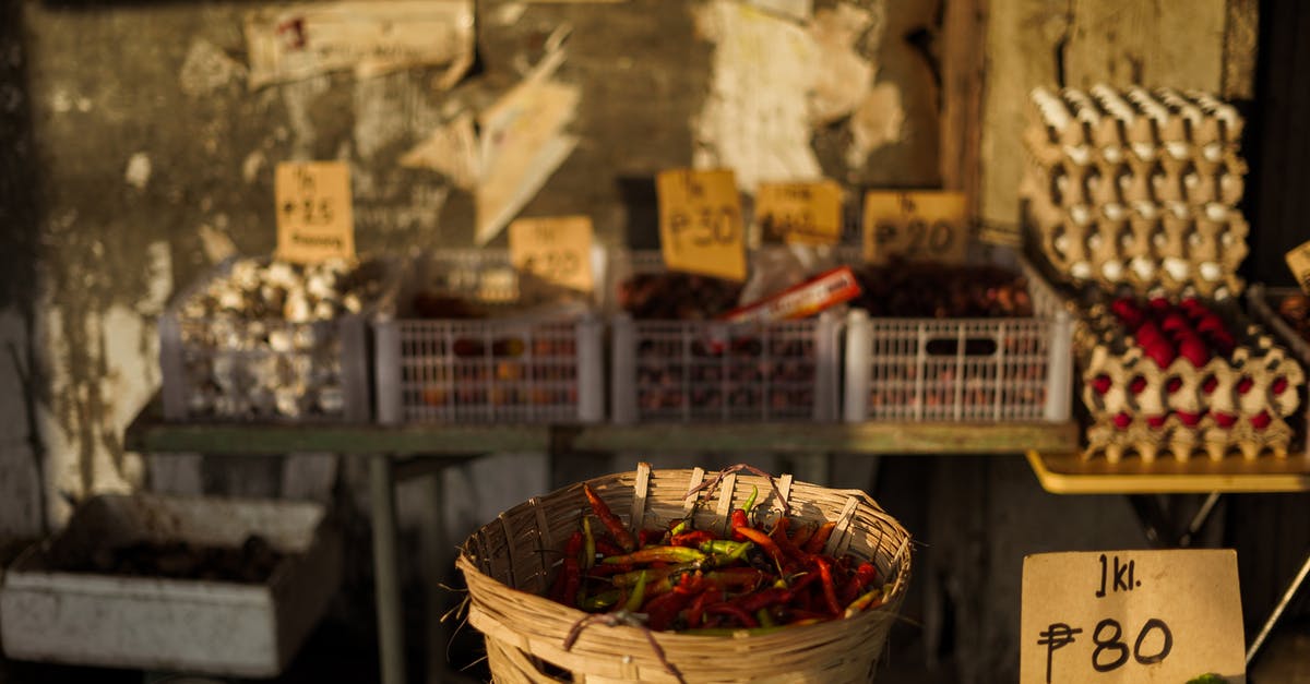 Egg freshness--stale eggs at market? - Wicker basket with pepper on market