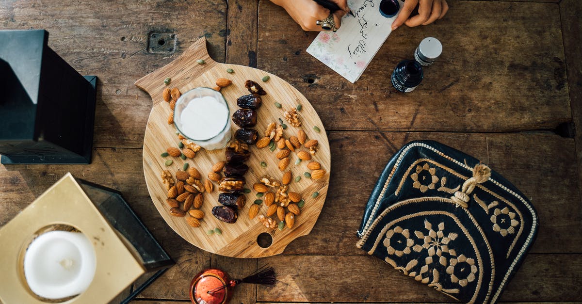 Expiration Date on Milk - A Wooden Board with Almonds and Dates Near the Person Writing on Paper