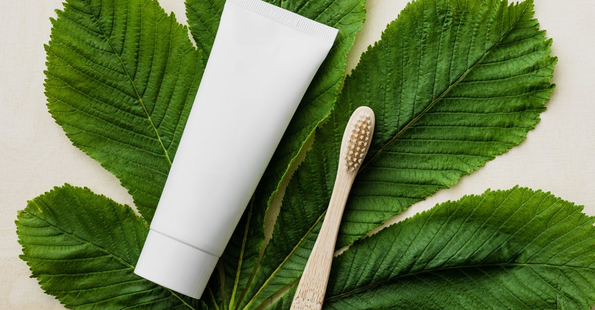 Finding good bamboo shoots - Top view of white mockup tube of natural toothpaste and eco friendly bamboo toothbrush placed flat on big green chestnut leaf on light wooden surface