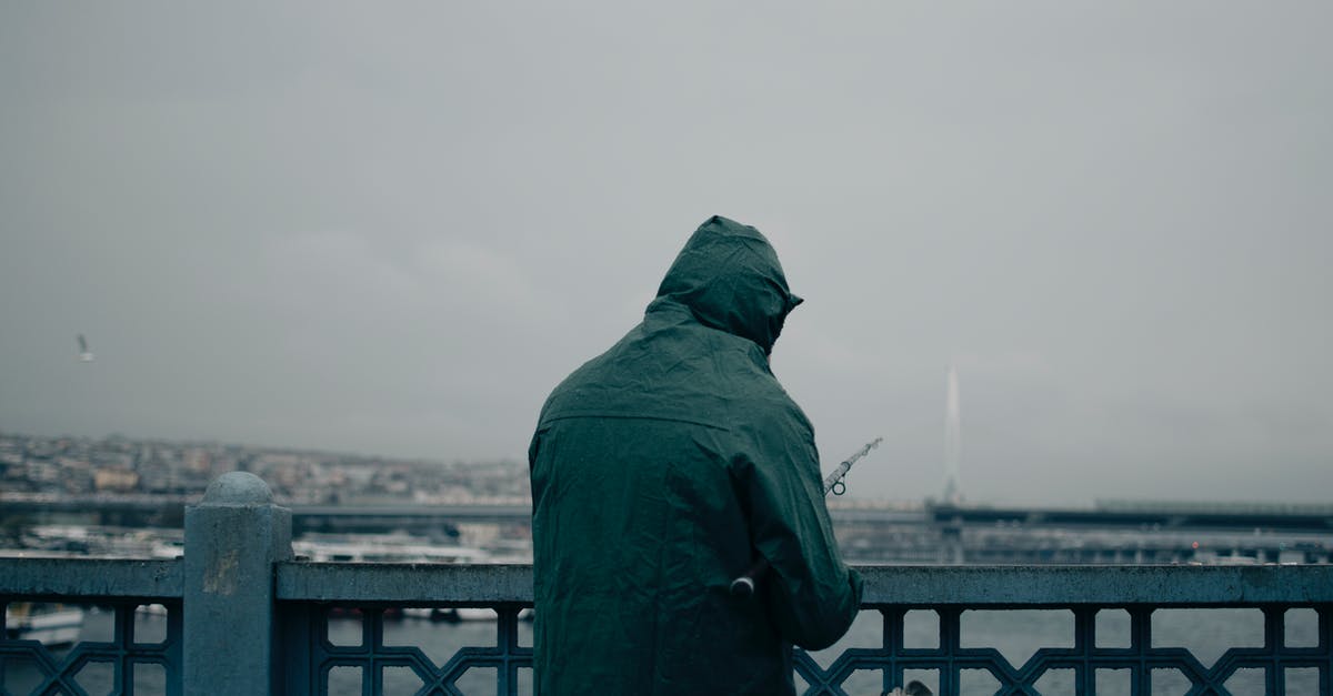 Fish balls aren't bouncy and fall apart easily - Back view of anonymous fisherman in dark green raincoat with hood standing on coast of lake behind fence and catching fish