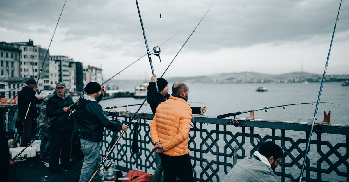 Fish balls aren't bouncy and fall apart easily - Group of unrecognizable fishermen with fishing rods standing on embankment near sea and buildings under cloudy sky in autumn day