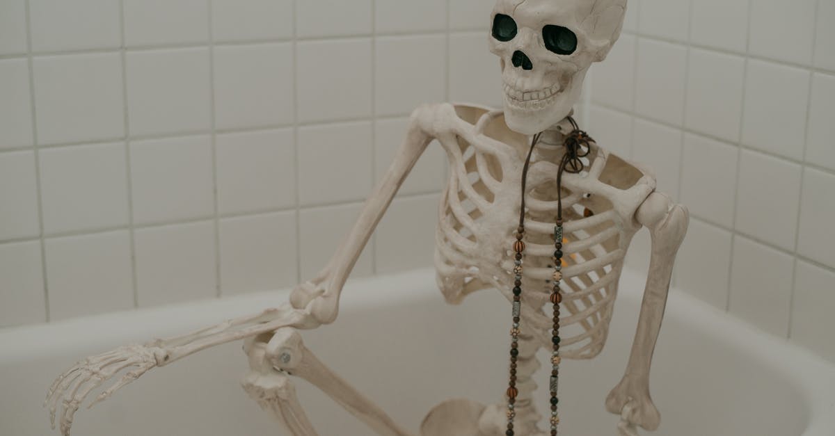 Fish bone broth separating after long long boil - White skeleton with long chaplet sitting in bath without water in bathroom with white tiles on wall