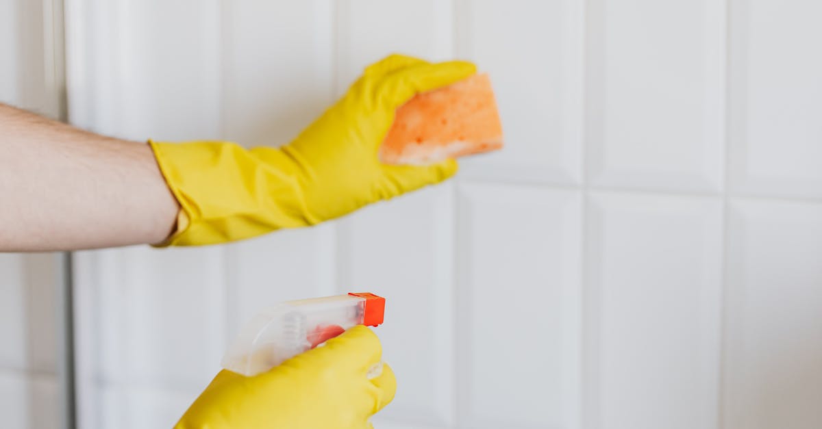 Fresh pasta work surface - Crop person in rubber gloves cleaning tiles