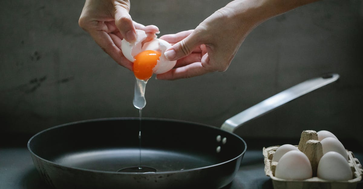 Fried egg safety - Crop anonymous female breaking egg in pan placed on table while cooking breakfast