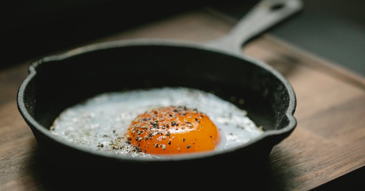 Getting seasoning into a roast - High angle of pan with fried egg with seasoning placed on wooden board in kitchen