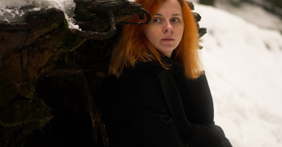 Ginger vs Ginger Root - Emotionless adult female in black coat near fallen tree trunk with roots in snowy woods in winter day while looking away pensively