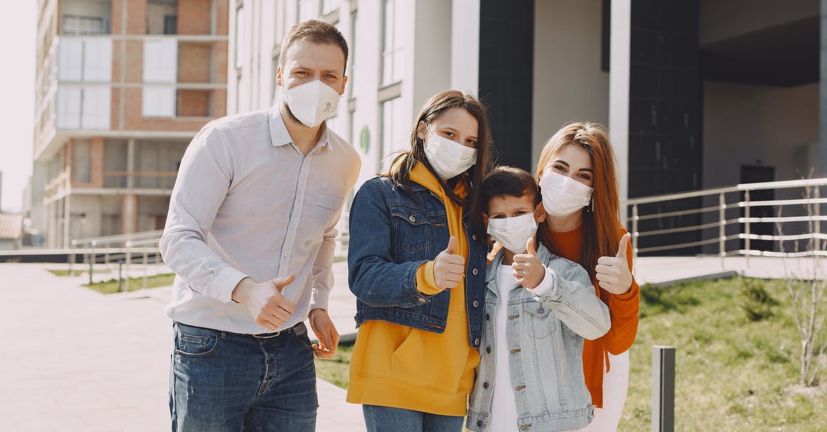 Good way to prevent grease build up in kitchen? - Optimistic family in protective masks and casual clothes standing together on street and showing thumbs up gesture while looking at camera