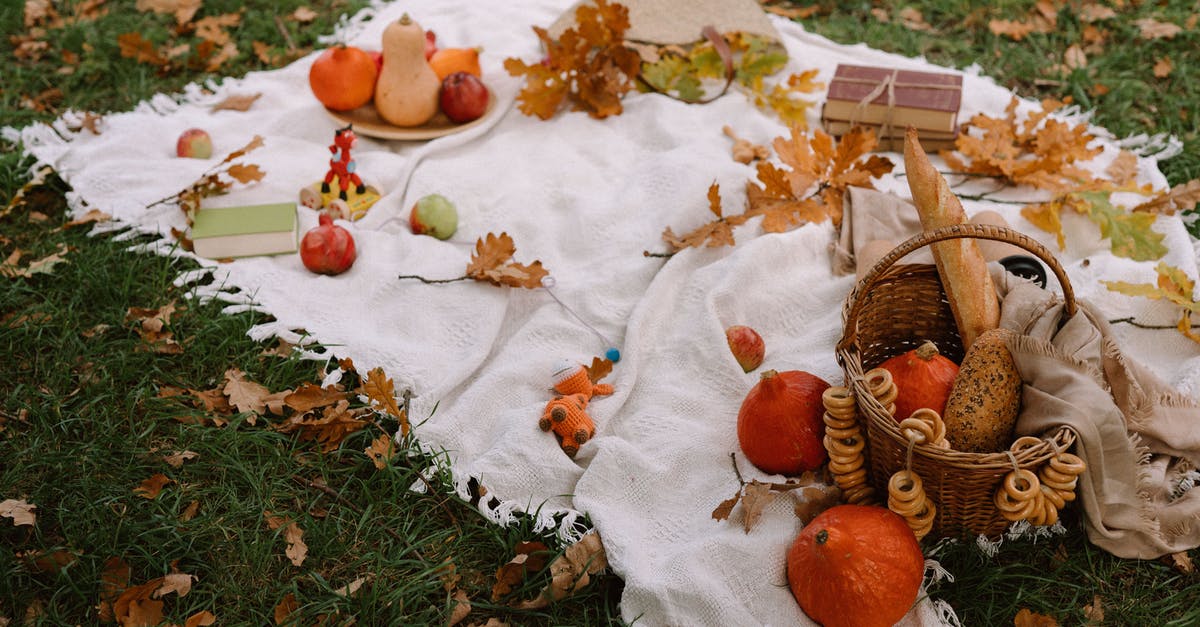 Hard dry crusts on frozen bread - From above of ripe exotic red kuri squashes with pumpkins and wicker basket with fresh bread arranged on blanket with books and scattered dry leaves in autumn park