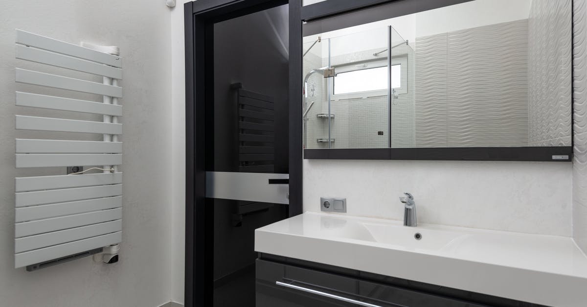 Heat diffuser for ceramic cooktop - Creative design of bathroom with door between heated towel rail and washstand under rectangular mirror in light house