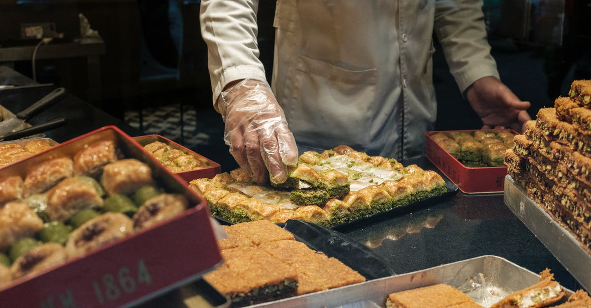 Help identifying Turkish dessert - From above of anonymous crop male in gloves and white robe putting delicious fresh sweet dessert in container in local bakery shop