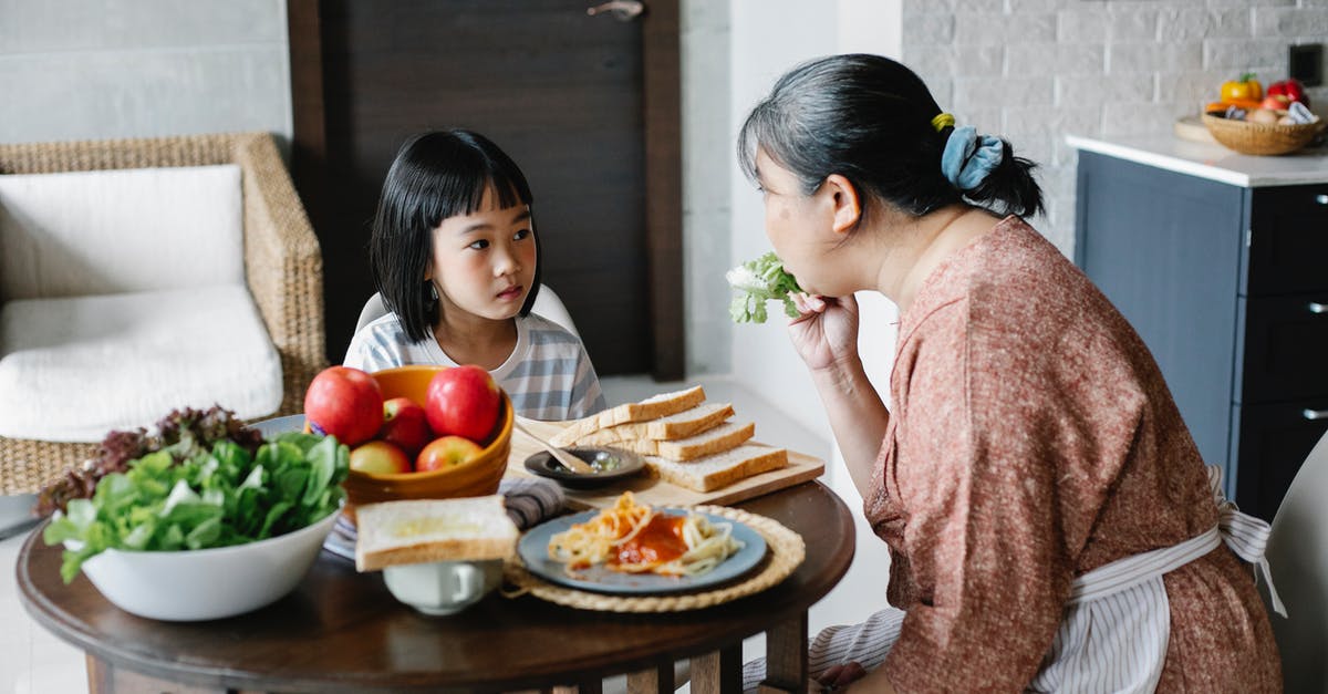 Help making multigrain bread for first time - Ethnic mom giving salad leaf to girl while eating together at table in lunch time