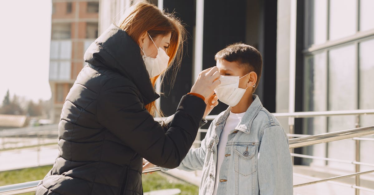 Help me fix my flatbread - Side view of adult woman in casual clothes and protective mask helping kid in denim clothes fixing protective mask on face on street