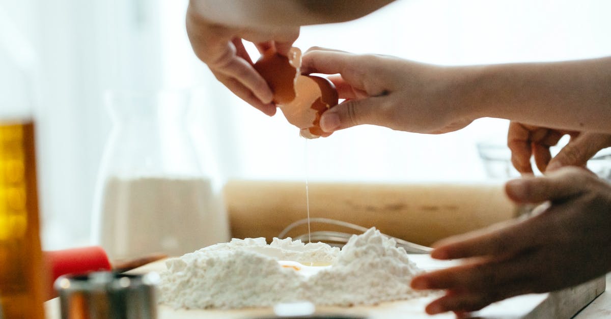 Help translating an older Recipe - Crop young lady breaking eggs in flour for dough