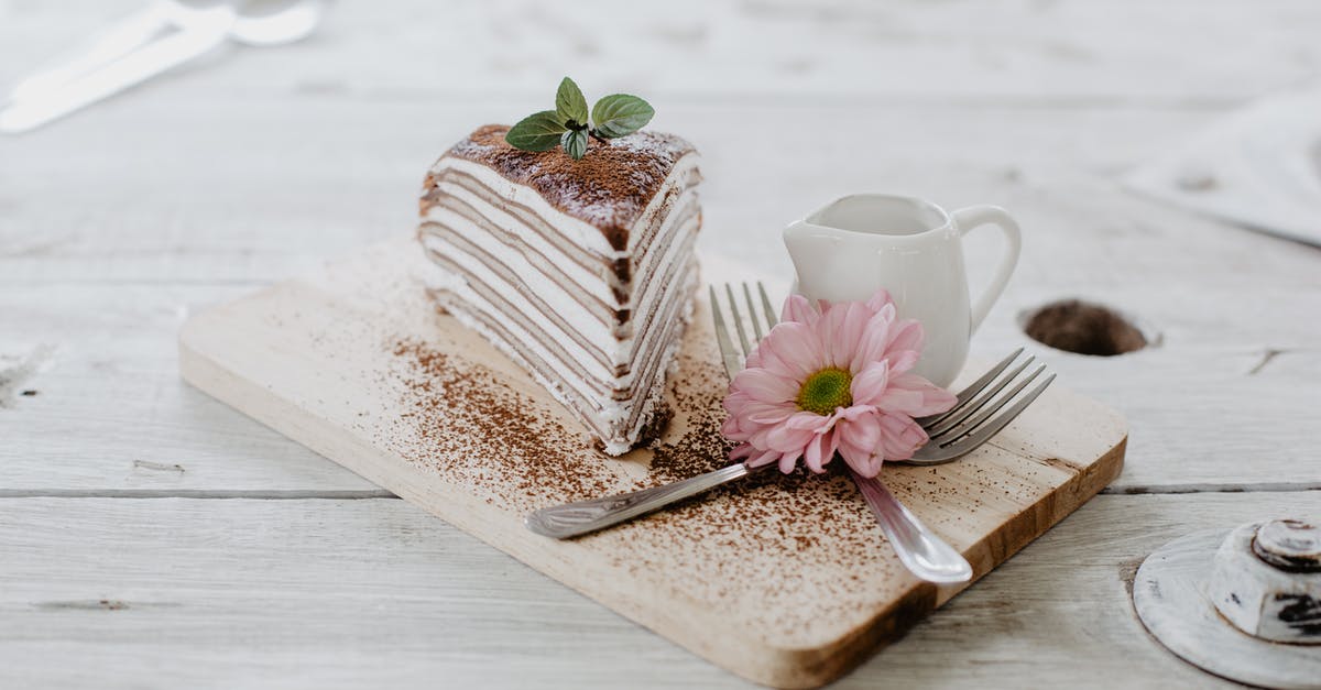 Help with ice cream cake - From above of appetizing piece of cake decorated chocolate powder and mint leaves served near ceramic creamer and forks with light pink chrysanthemum on top placed on wooden board