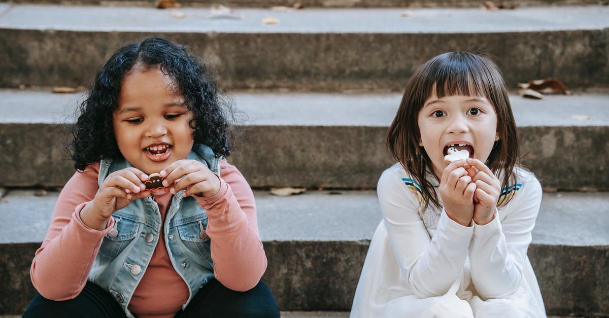Hiding the taste of cornstarch in gluten-free bechamel - Cheerful multiethnic girls eating tasty appetizing gingerbread made for Halloween celebration while sitting on steps