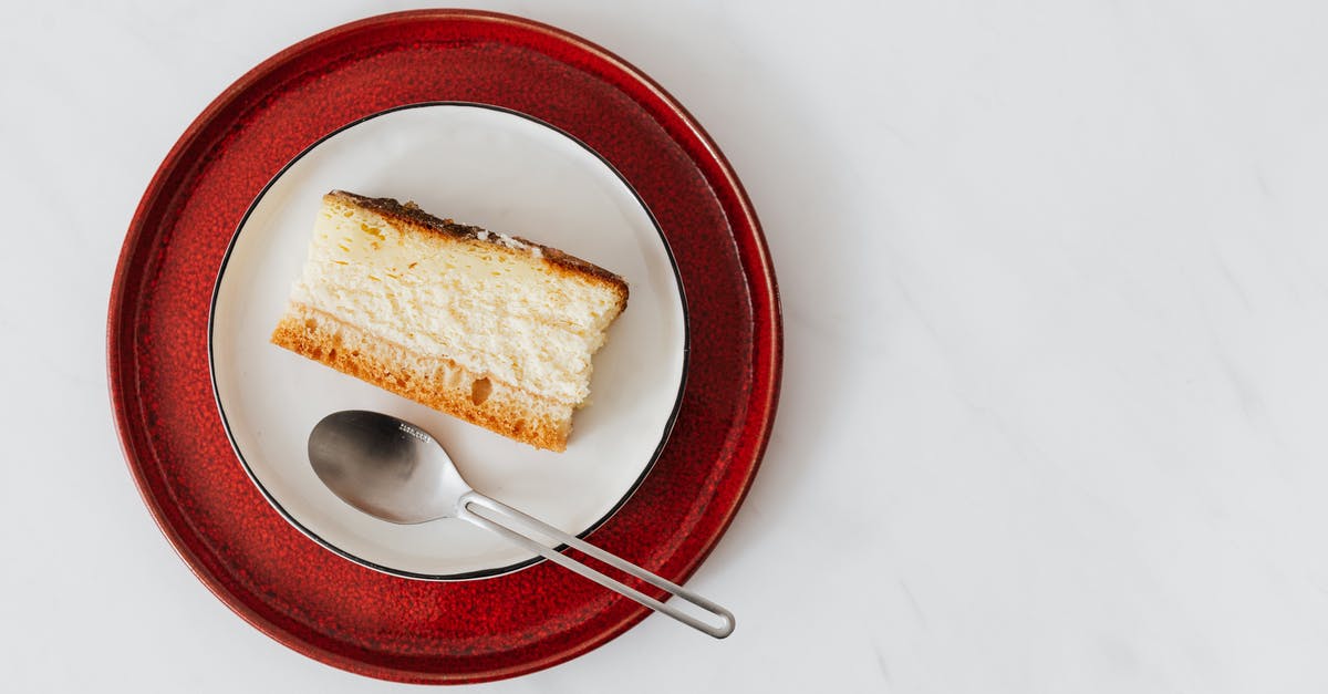 Historical recipe for cake before refined sugar - Top view of piece of classic cheesecake served on plate with spoon on white surface