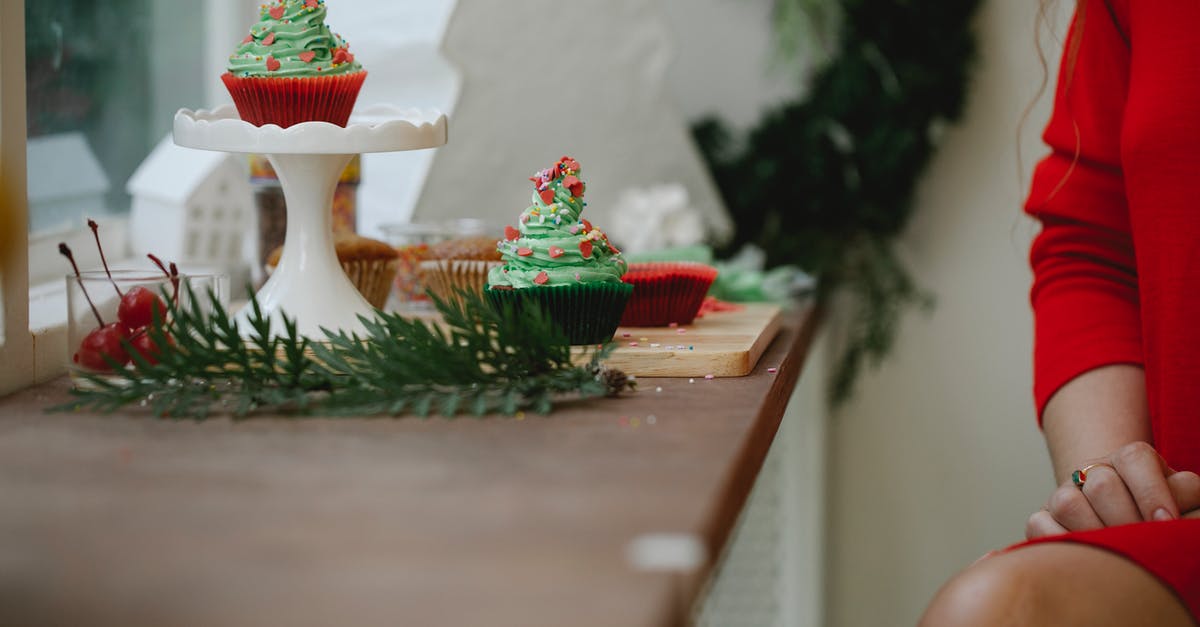 Homemade Dressing [duplicate] - Crop anonymous female in red dress sitting at windowsill with Christmas composition with fir tree branch and colorful cupcakes at daytime