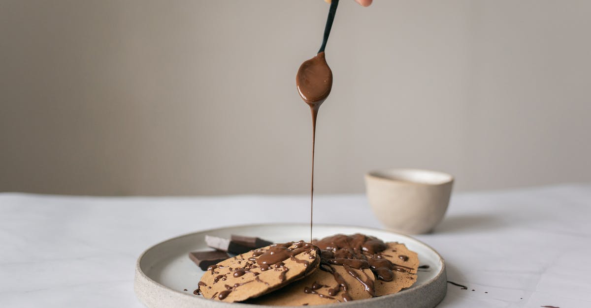 Home-make yogurt: add sugar / something else with the starter? - Crop unrecognizable chef pouring chocolate syrup on pancakes in plate on table on gray background