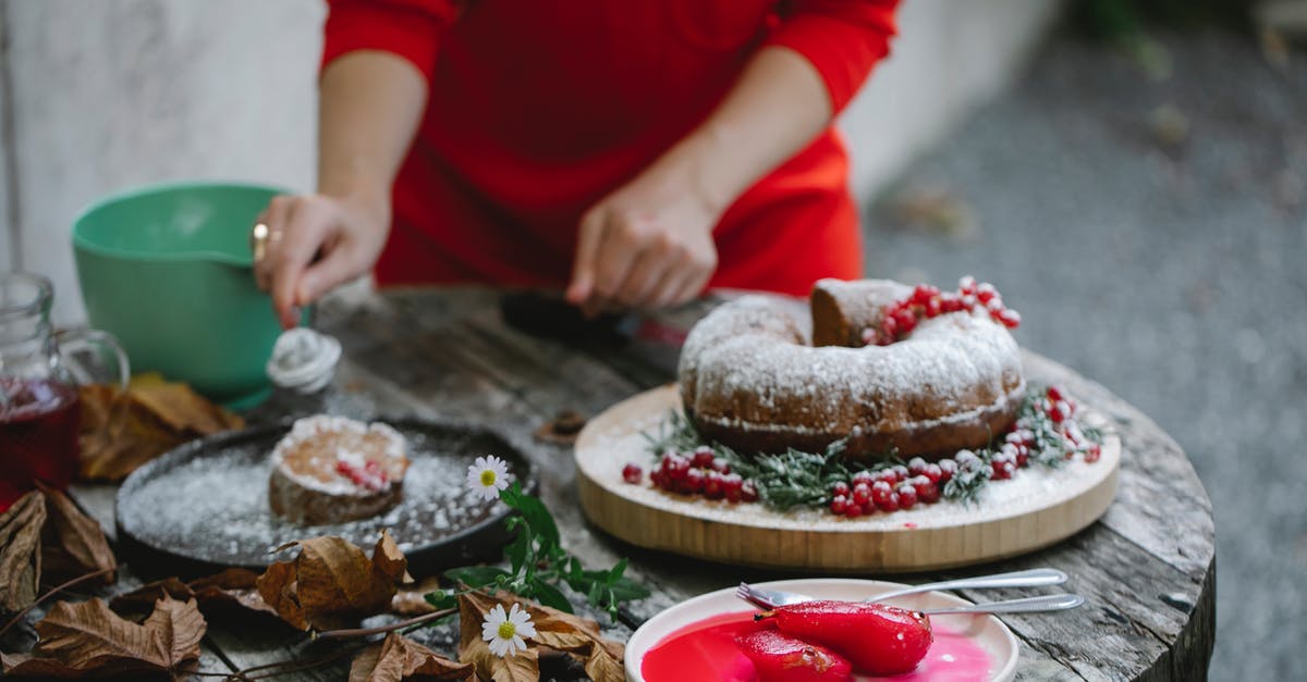 Home-make yogurt: add sugar / something else with the starter? - Crop anonymous female in red dress decorating freshly baked delicious pie slice with sugar powder on autumn backyard