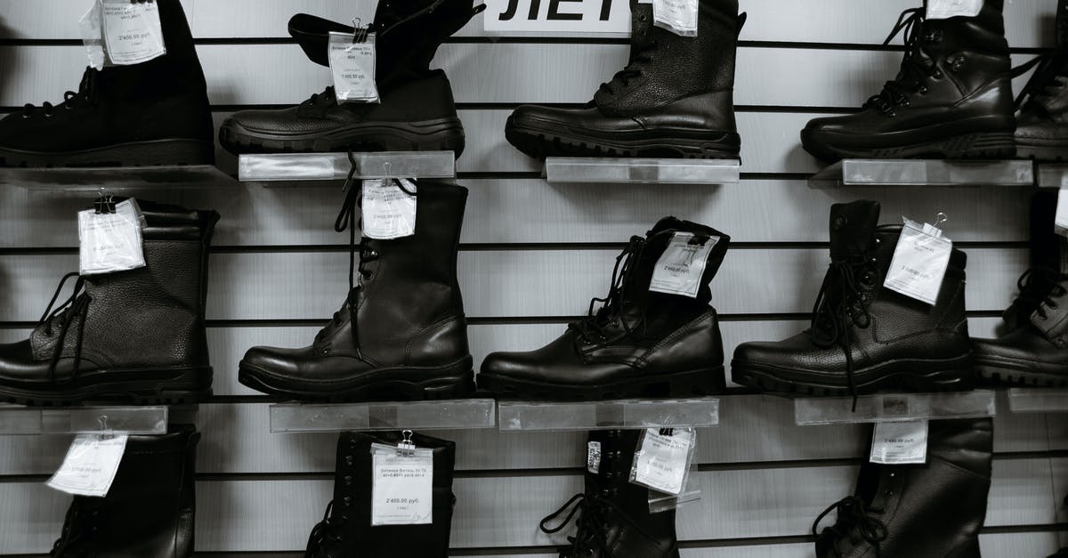 How can I recognize good quality Genoa salami? - Black and white high leather boots with laces placed on shelves in shop