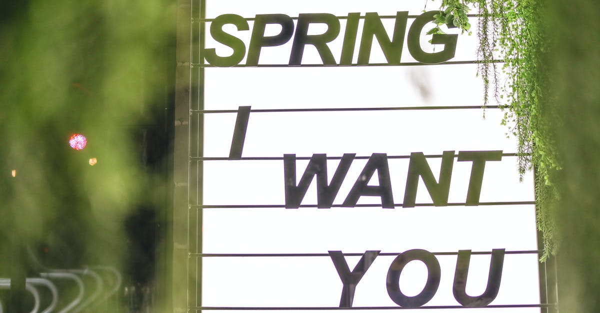 How do I get my spring rolls crispy? - Sign glowing in white light consisting of several compartments with black inscription Spring I Want You surrounded by blurred green plants in evening on street