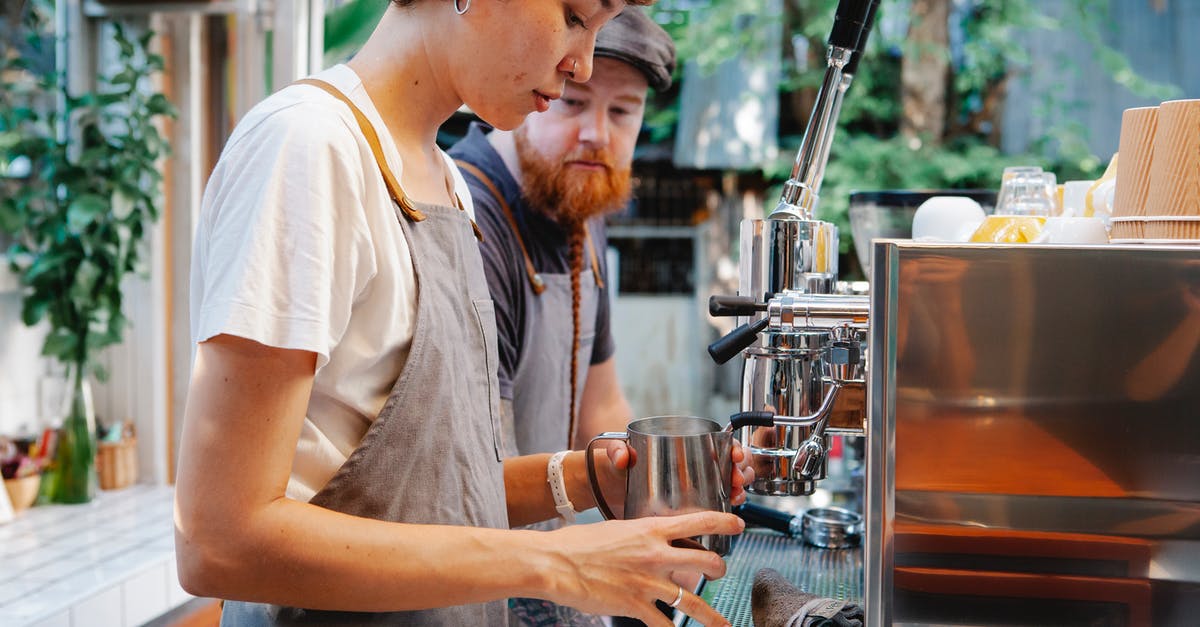 How do I prepare (any) coffee with desired caffeine concentration? - Side view of young crop female making coffee with colleague near coffee machine of kitchen in cafe