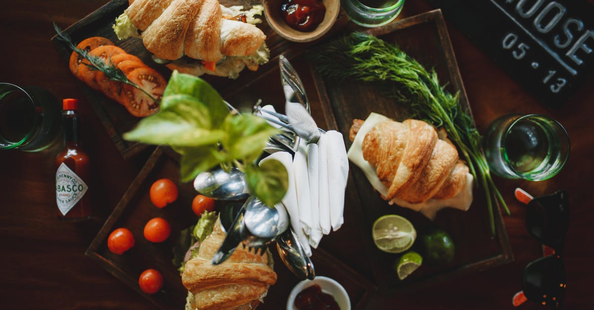 How do you stop tomato sauce from splattering? - Set of appetizing croissant sandwiches on table in cafe