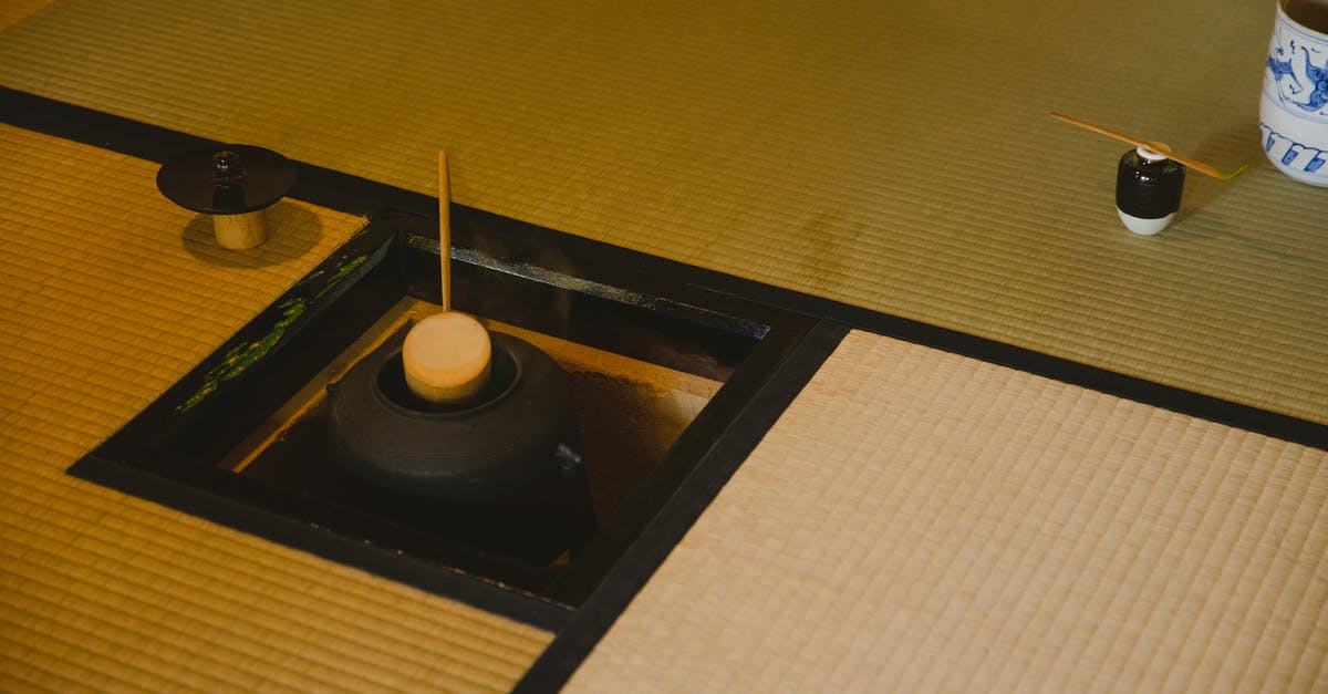 How hot is the bottom of a pot of boiling water? - High angle of traditional Japanese tea ceremony in Urasenke style in spacious light room on floor with fire pit with kettle and water ladles near pot