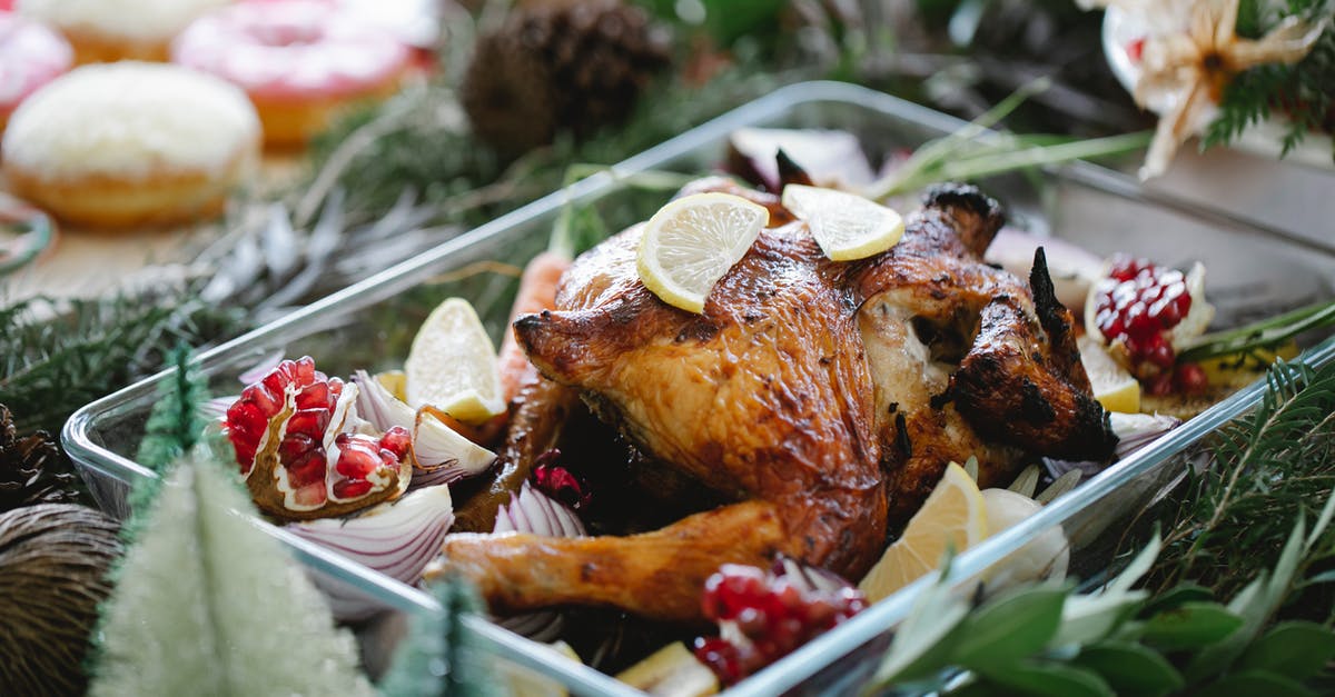 How much is a small/medium/large onion? - Turkey in baking dish with lemon and pomegranate served on table with Christmas fir decorations