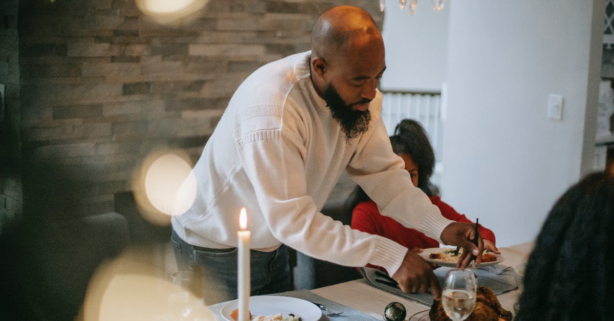 How should chicken breasts for a chicken salad be cooked? - Black family having dinner together during event