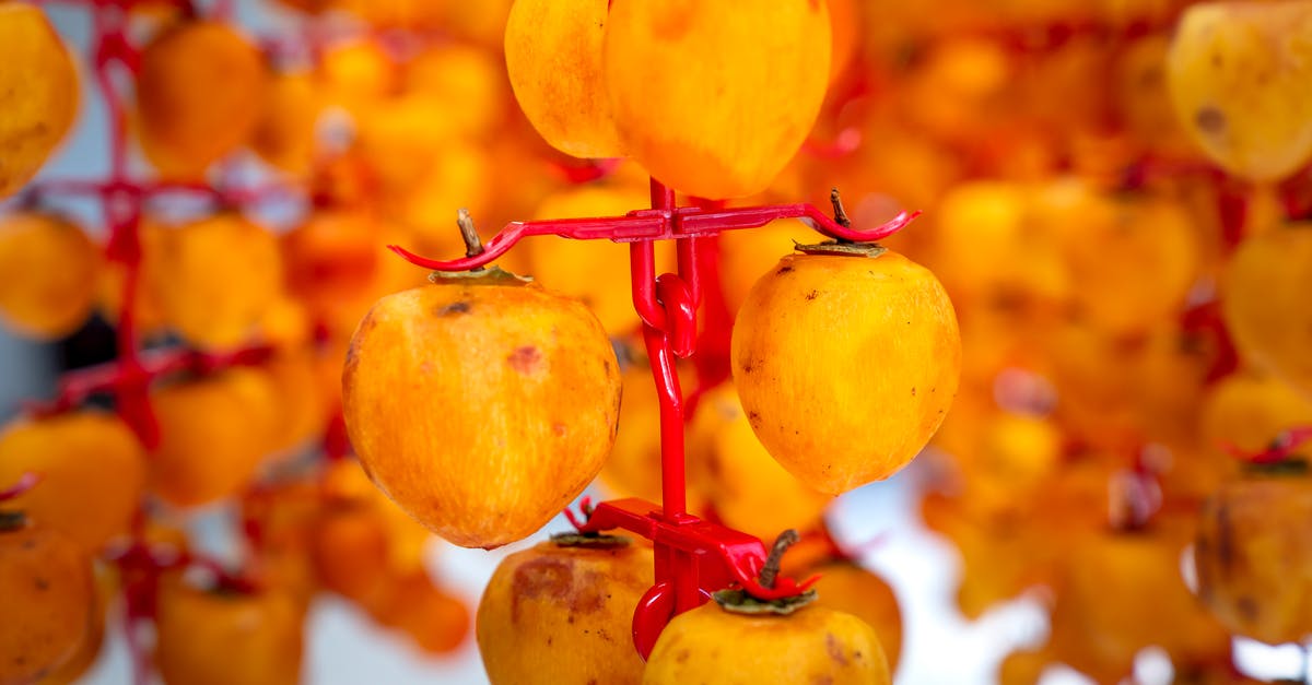 How to avoid having pith on dried orange peels - Bright whole persimmons with blots on peel hanging on hooks while drying on sunny day