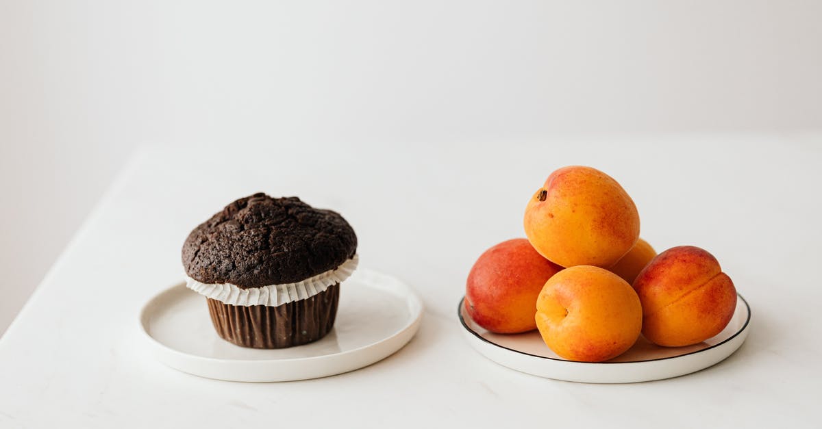 How to convert a muffin/cupcake recipe to a large muffin recipe - Fresh ripe apricots served on table with chocolate muffin