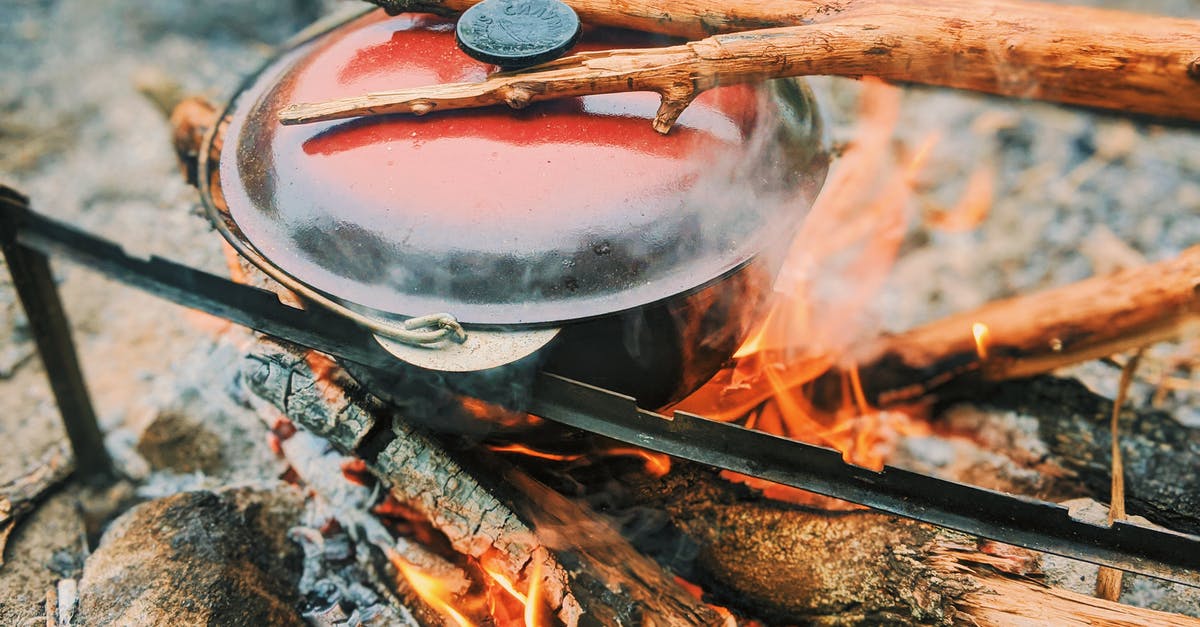 How to cook common bean in mess tin in campfire during hikers camp ? Possible? - Hot pot on metal racks placed on burning bonfire with log while cooking during camping in woods on blurred background