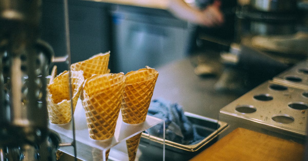 How to cook waffles intended for freezer-then-toaster? - Crispy waffle horns for ice cream balls prepared for delicious dessert in cafe