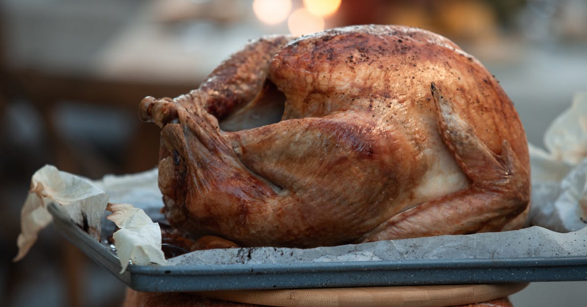 How to get that crispy skin on a roasted turkey or chicken - Roasted Chicken on Blue Tray