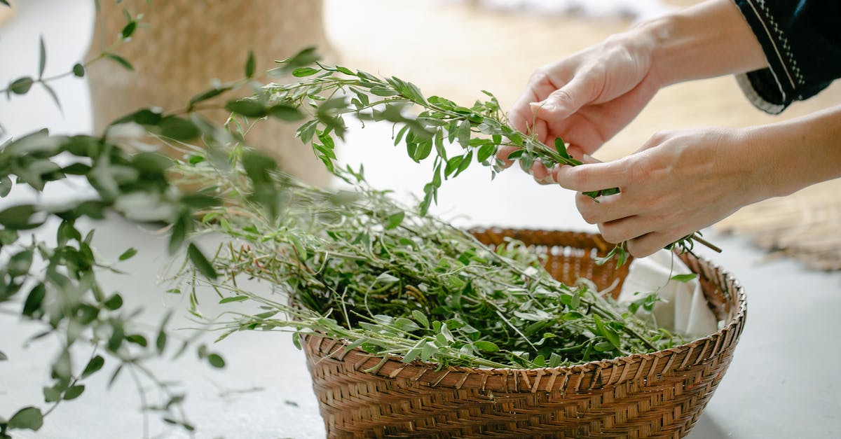 How to prepare and use fresh herbs with woody stems (thyme, oregano) [duplicate] - Crop anonymous female preparing grass in wicker basket on blurred background of light table