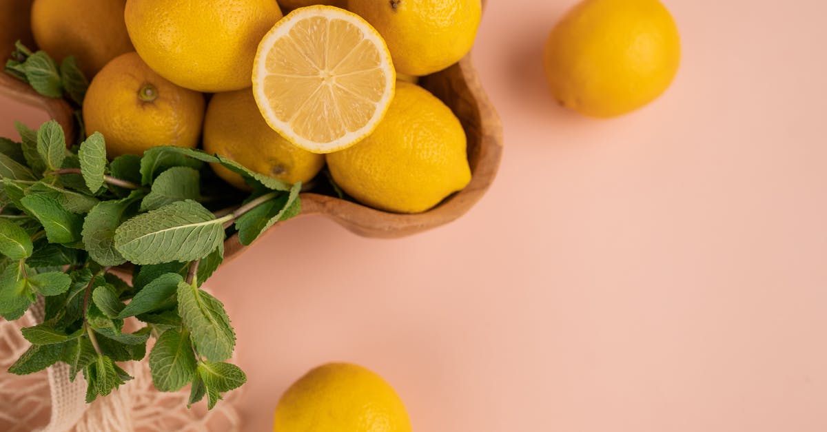 How to preserve the green colour of mint when doing spherification? - Fresh lemons and mint sprigs above zero waste bag