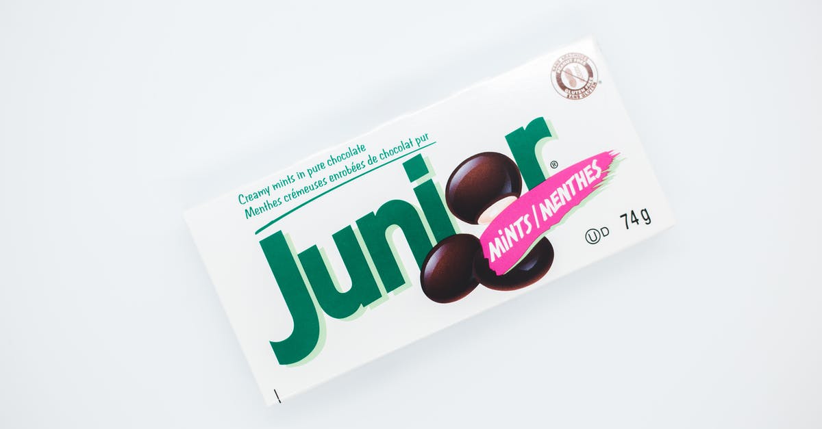 How to prevent filling getting squeezed out of chocolate coated candies? - Top view of small rectangular shaped box with inscriptions and illustration of mint sweets on white background