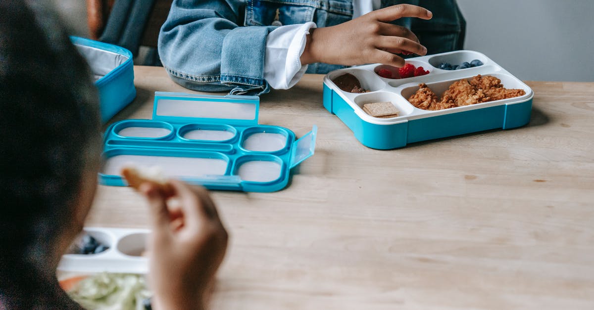 How to rest meat but not let it get too cold? - Crop faceless classmates sitting at table with lunch boxes with various food and eating during break