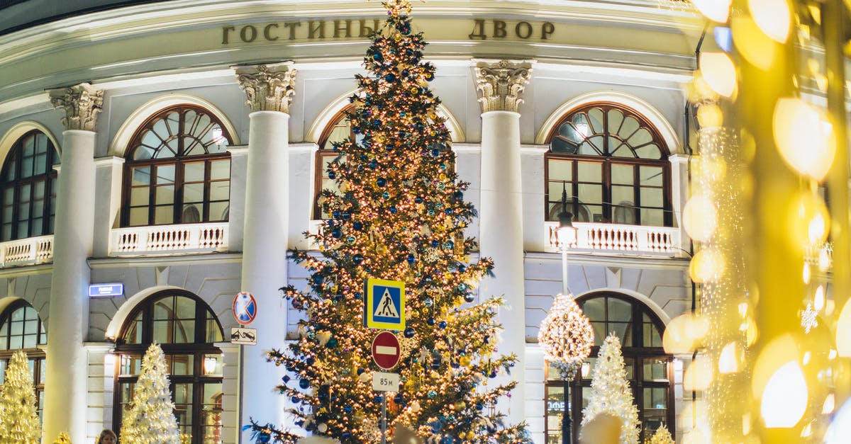 How to season a giant cast iron cider press? - Low angle of decorated Christmas tree with blue and golden toys and glowing lamps on street against exterior of old building in evening city