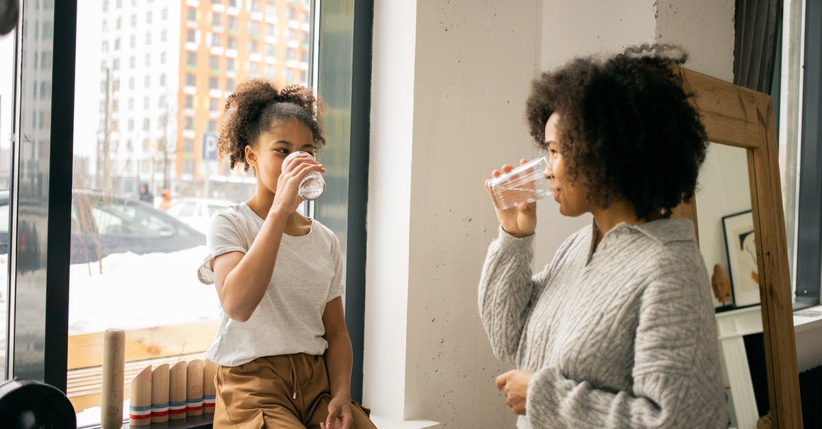 How to store Soda Water or other Home Made Sodas? - Positive African American mother with daughter in casual wear looking at each other while drinking water from glasses in light room