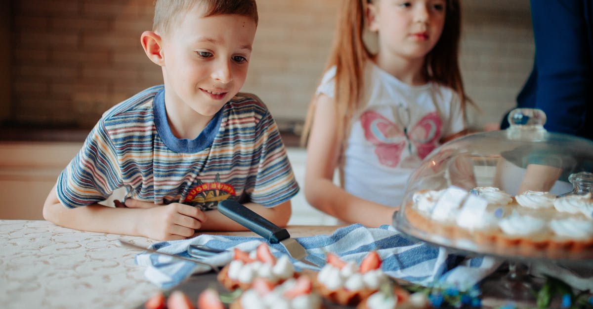 How to veganize and improve this cake recipe? - Children in casual clothes near counter with cake and delicious desserts with strawberry and cream in light kitchen