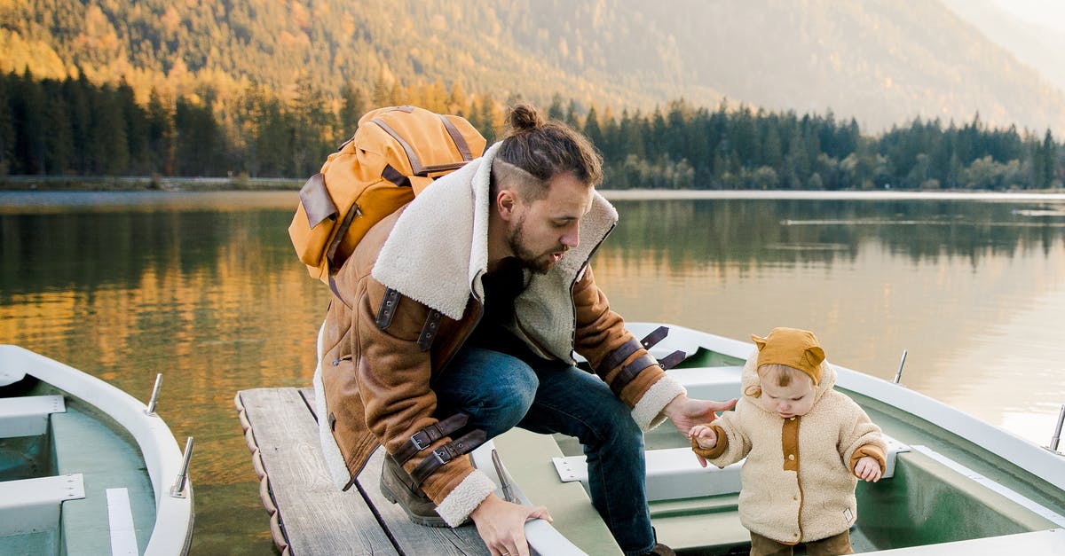 How warm is "warm water?" - Bearded father with backpack in casual warm outerwear standing on wooden pier and holding hand of little kid standing in boat on lake in mountains