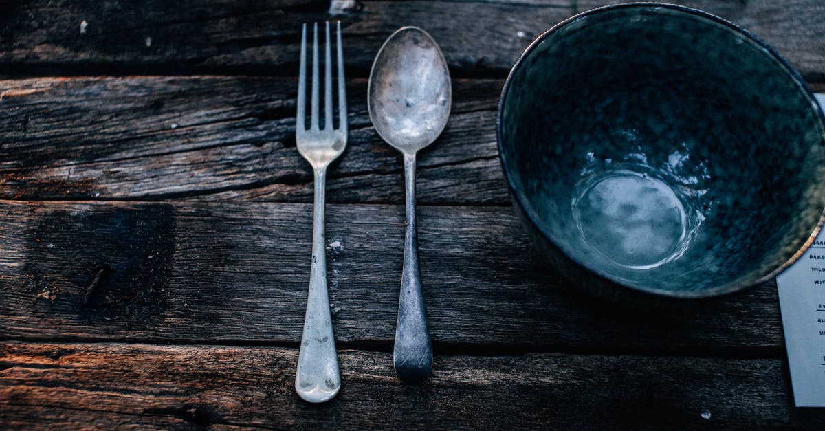 I have an old pyrex bowl with a detachable handle with a glass inset - High angle of round shaped bowl near fork and spoon on rough wooden table in daytime I have an old pyrex bowl with a detachable handle with a glass inset - High angle of round shaped bowl near fork and spoon on rough wooden table in daytime