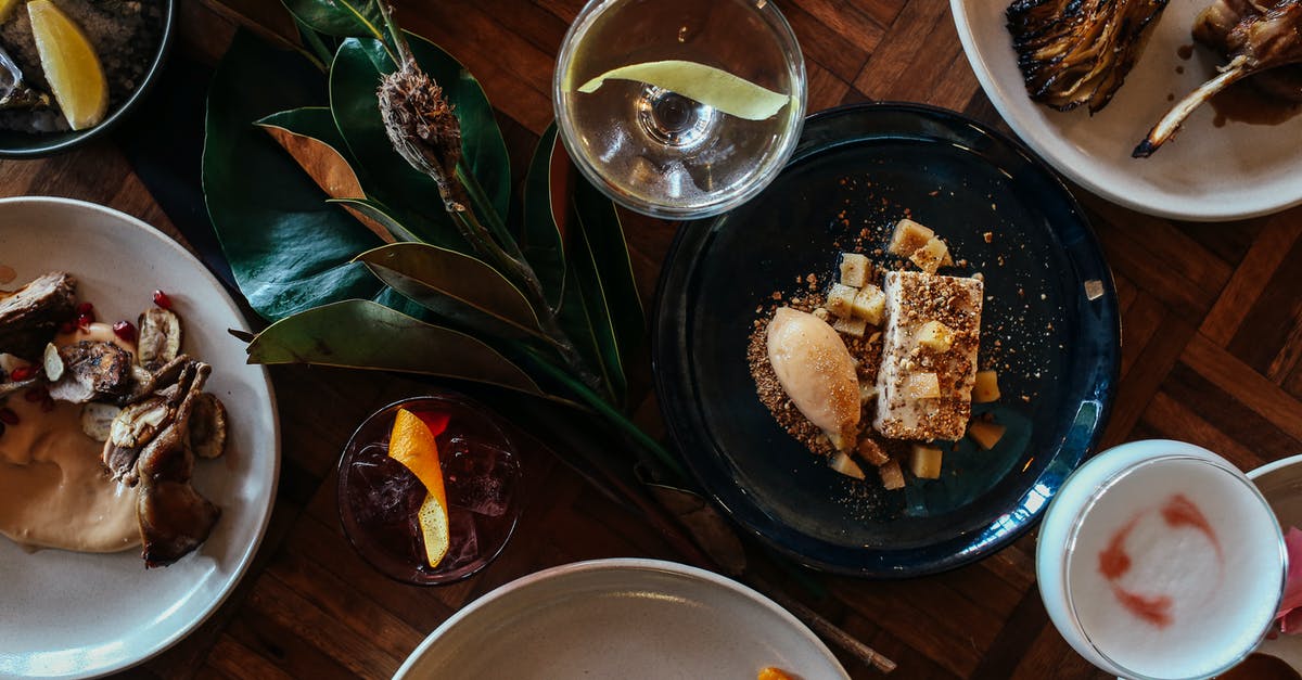 I put too much water in my cake mix! [duplicate] - Overhead view of various palatable food including rack of lamb and mashed potatoes with vegetables and piece of cake with water and beer and ice tea surved on wooden table