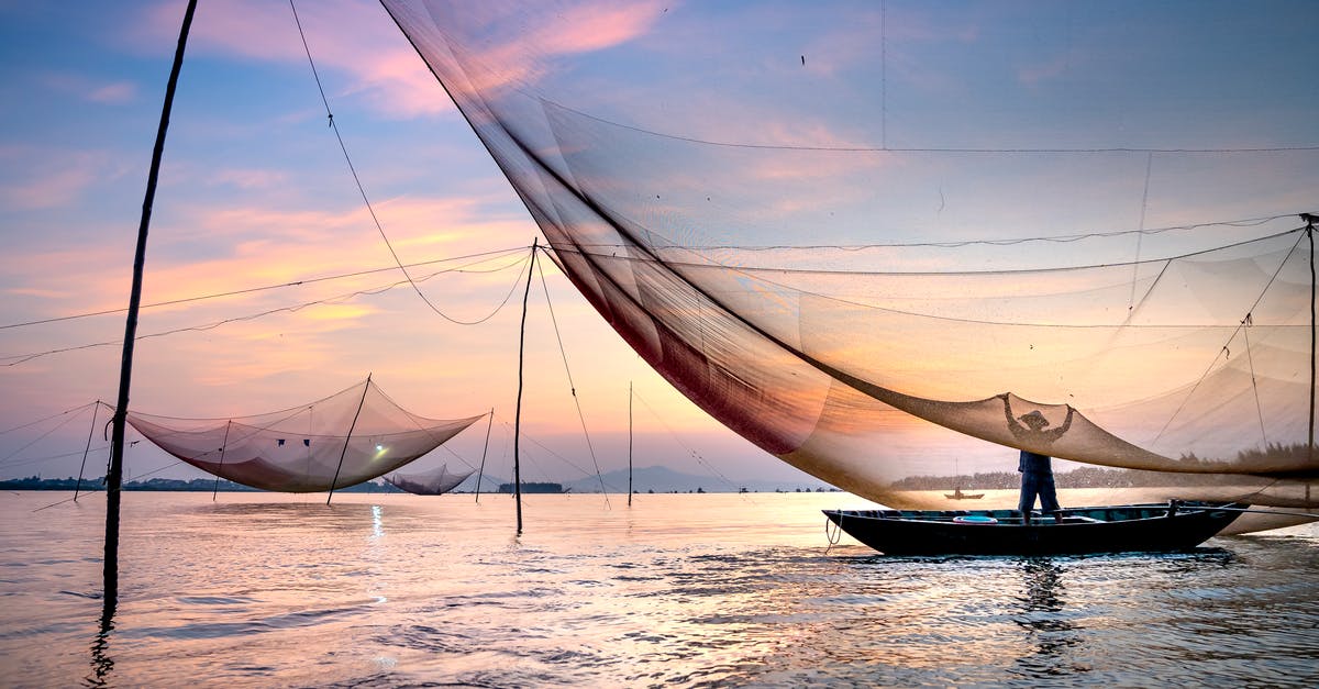 In England, can I buy fresh fish directly off the boat? - Silhouette of anonymous fisherman standing in boat under large lift net while catching fish against picturesque sunset sky in Hoi An