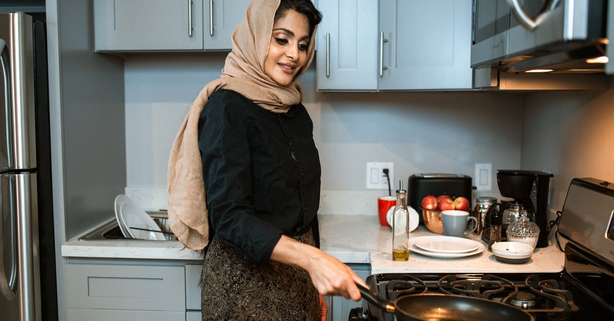 In Indian cooking, what does it mean when a recipe says "until the oil begins to leave the side of the pan"? - Content Arabic woman with frying pan in modern kitchen In Indian cooking, what does it mean when a recipe says "until the oil begins to leave the side of the pan"? - Content Arabic woman with frying pan in modern kitchen